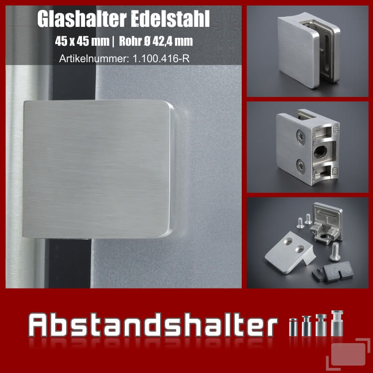 Glashalter Edelstahl eckig 45x45mm | Rohr Ø 42,4 mm
