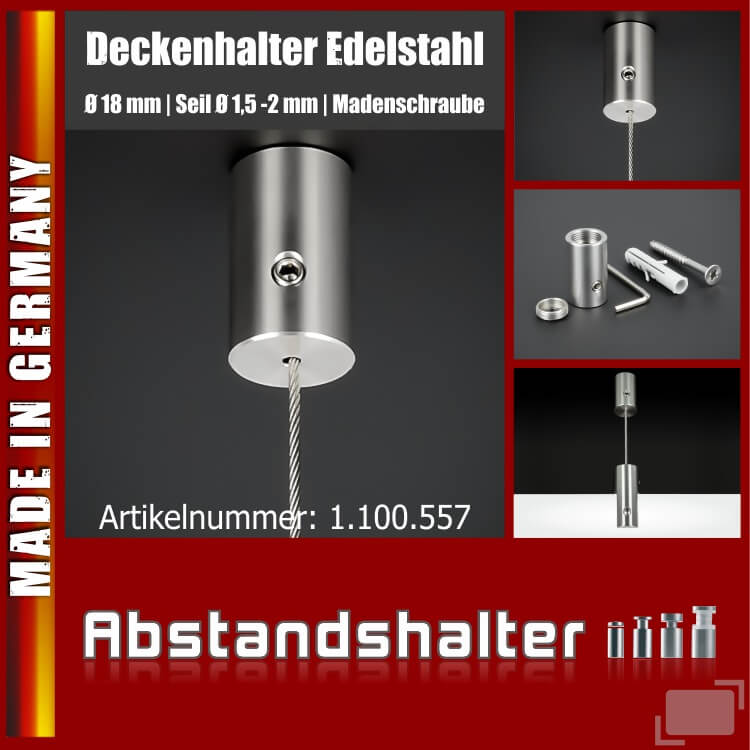 Deckenhalter Ø18mm L:30mm für Seile 1,5-2 mm Madenschraube | Edelstahl