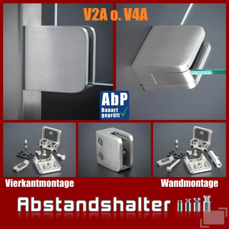 Glashalter Edelstahl V2A o. V4A eckig 52x52 mm Vierkantmontage Wandmontage