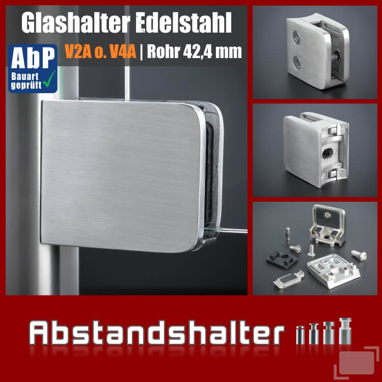 Glashalter Edelstahl V2A o. V4A eckig 52x52 mm Rohr Ø 42,4 mm