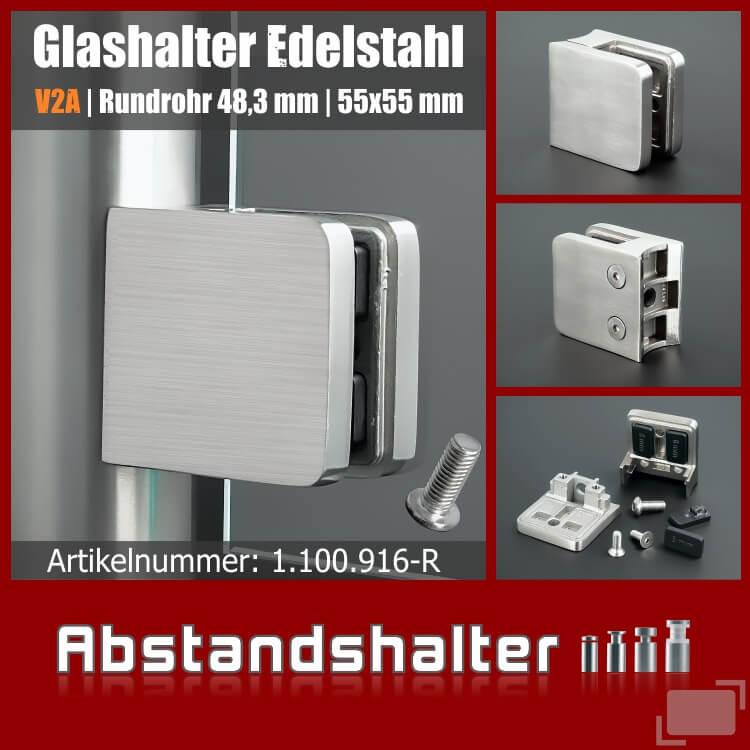 Glasklemmhalter Edelstahl eckig 55x55mm Rohrmontage 48,3mm