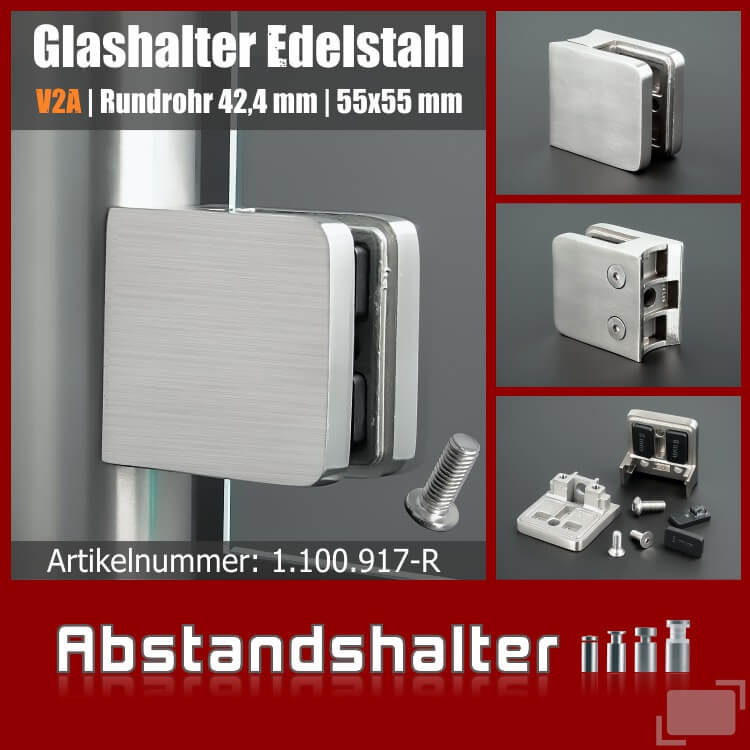 Glasplattenhalter Edelstahl eckig 55x55mm Rundrohr 42,4mm