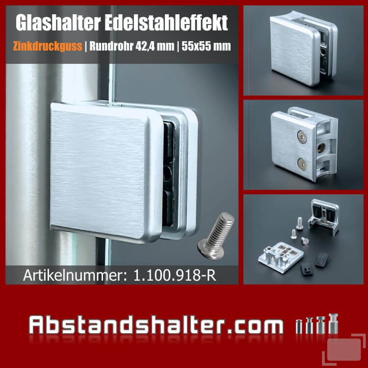 Glashalter Zink Edelstahleffekt eckig 55x55mm für schwere Platten | Rohr Ø 42,4 mm