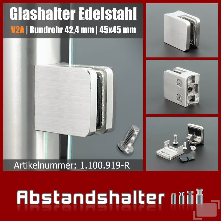 Glashalter Edelstahl V2A eckig 45x45mm | Rohr 42,4 mm