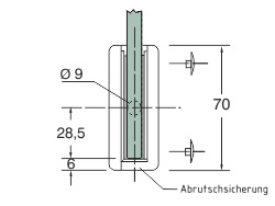Bemaßung: Glashalter Absturzsicher Edelstahl eckig 75 x 45 mm PS: 6-10 mm | flach | Spuckschutz Bemaßung: Glashalter Absturzsicher Edelstahl eckig 75 x 45 mm PS: 6-10 mm | flach | Spuckschutz