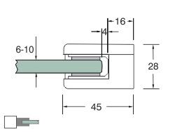Bemaßung: Glashalter Absturzsicher Edelstahl eckig 75 x 45 mm PS: 6-10 mm | flach | Spuckschutz
