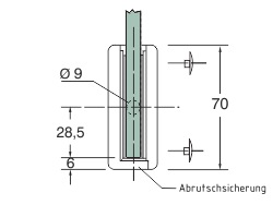 Bemaßung: Glashalter mit Abrutschsicherung V2A eckig 75 x 45 mm PS: 6-10 mm | flach