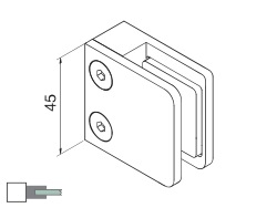 Bemaßung: Glashalter Edelstahl eckig 45 x 45 mm PS: 6-10 mm | flach