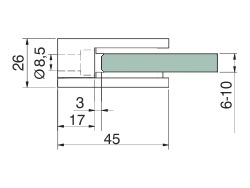 Bemaßung: Glashalter Edelstahl eckig 45 x 45 mm PS: 6-10 mm | flach