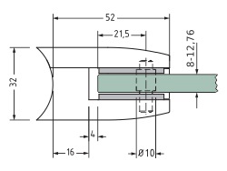 Bemassung: Glashalter Edelstahl 52x52 mm V2A oder V4A