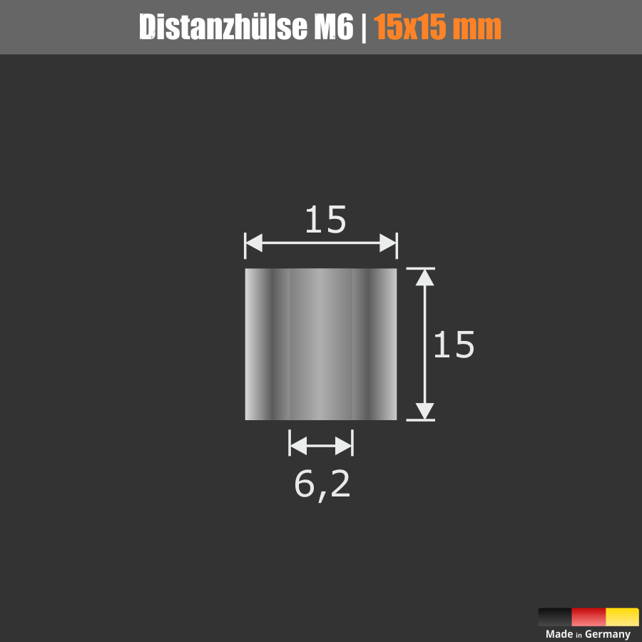 Distanzring Abstandsstück Edelstahl Ø15x15 mm L-Ø:6,2 mm | V2A | M6