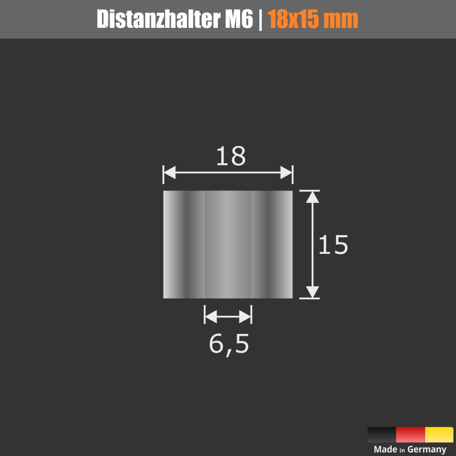 Distanzrohr M6 Messing verchromt Ø 18 mm WA: 15 mm L-Ø: 6,5 mm | Chrom