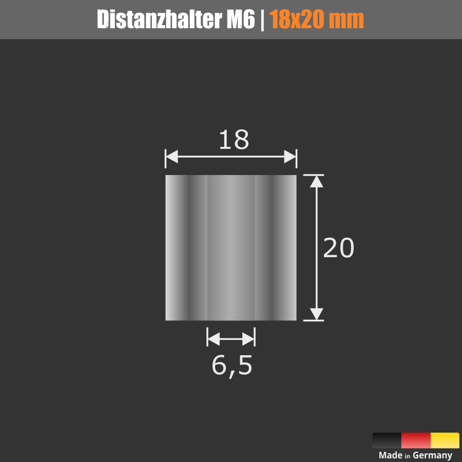 Distanzrohr M6 Messing matt Ø 18 mm WA: 20 mm L-Ø: 6,5 mm | Silber