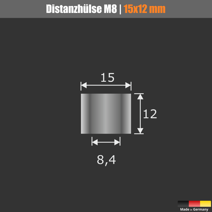 Distanz-Ring Edelstahl Ø15 mm WA:12 mm L-Ø:8,4 für M8 Schrauben | V2A