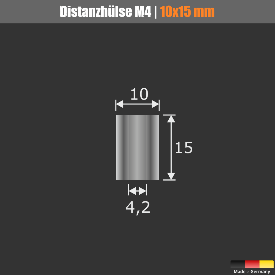 Distanz-Hülse M4 Messing glänzend Ø10 mm WA:15 mm L-Ø:4,2 mm | Chrom