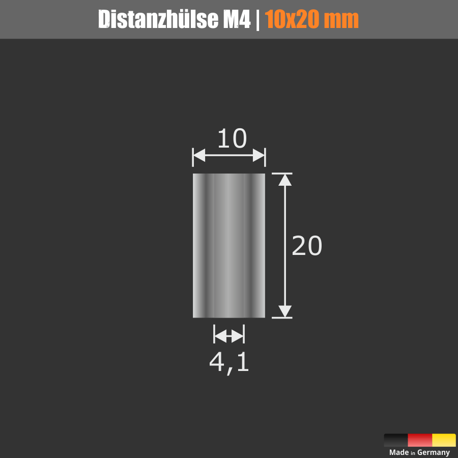 Distanzhalter M4 Messing matt Ø10mm WA:20mm L-Ø:4,1mm | Silber