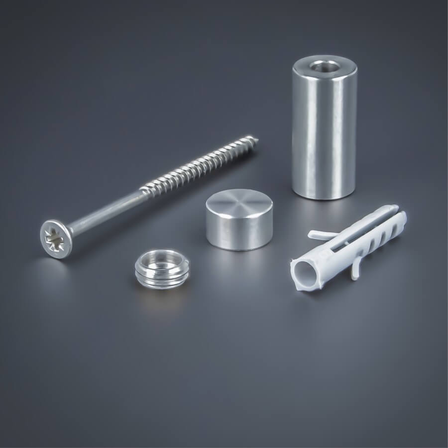 Schildbefestigung Edelstahl V2A Ø 10x20mm Lieferumfang auf dunklem Untergrund