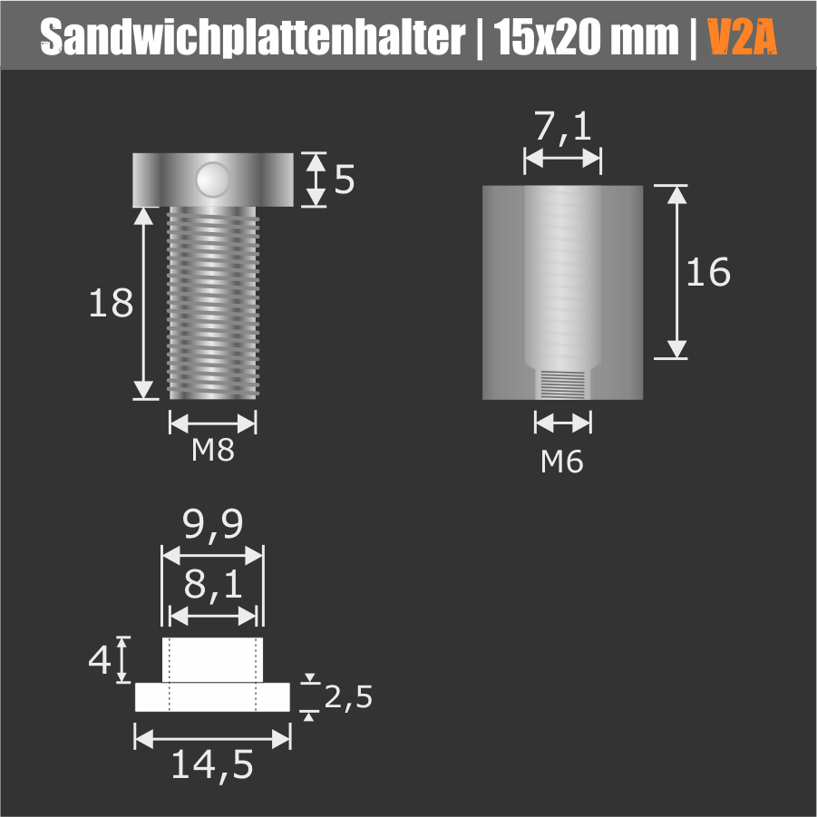 Sandwichabstandhalter V2A Ø15x20mm Skizze mit Maßen auf dunklem Hintergrund