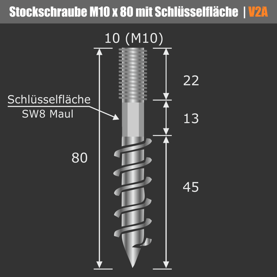Bemaßungen Stockschraube V2A M10 x 80 mm