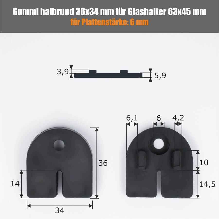 2 x Gummis 36x34 mm für Glashalter halbrund 63x45 mm Skizze mit Maße