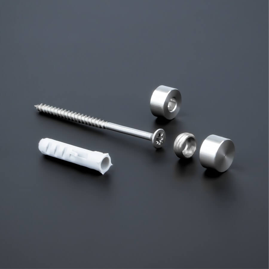 Schilderbefestigung Edelstahl V2A Ø 10x5mm Aufbau auf dunklem Untergrund