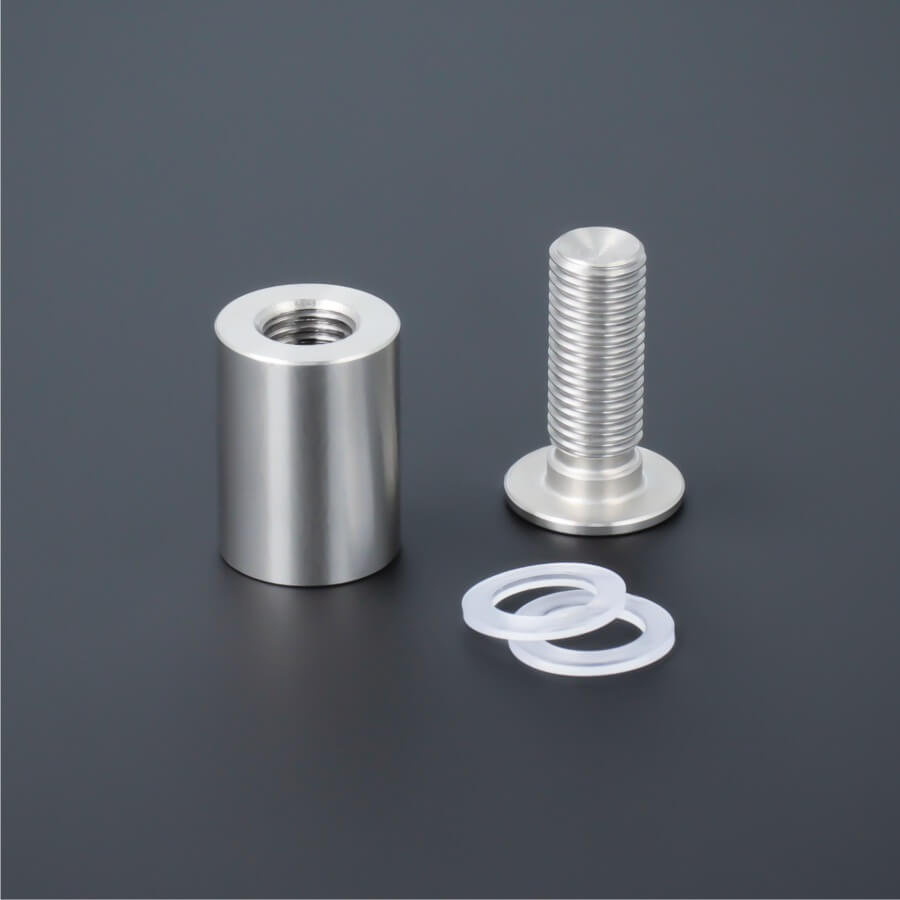 100er-Pack Abstandhalter schraubbar Edelstahl V2A Ø 15 mm Lieferumfang auf dunklem Untergrund