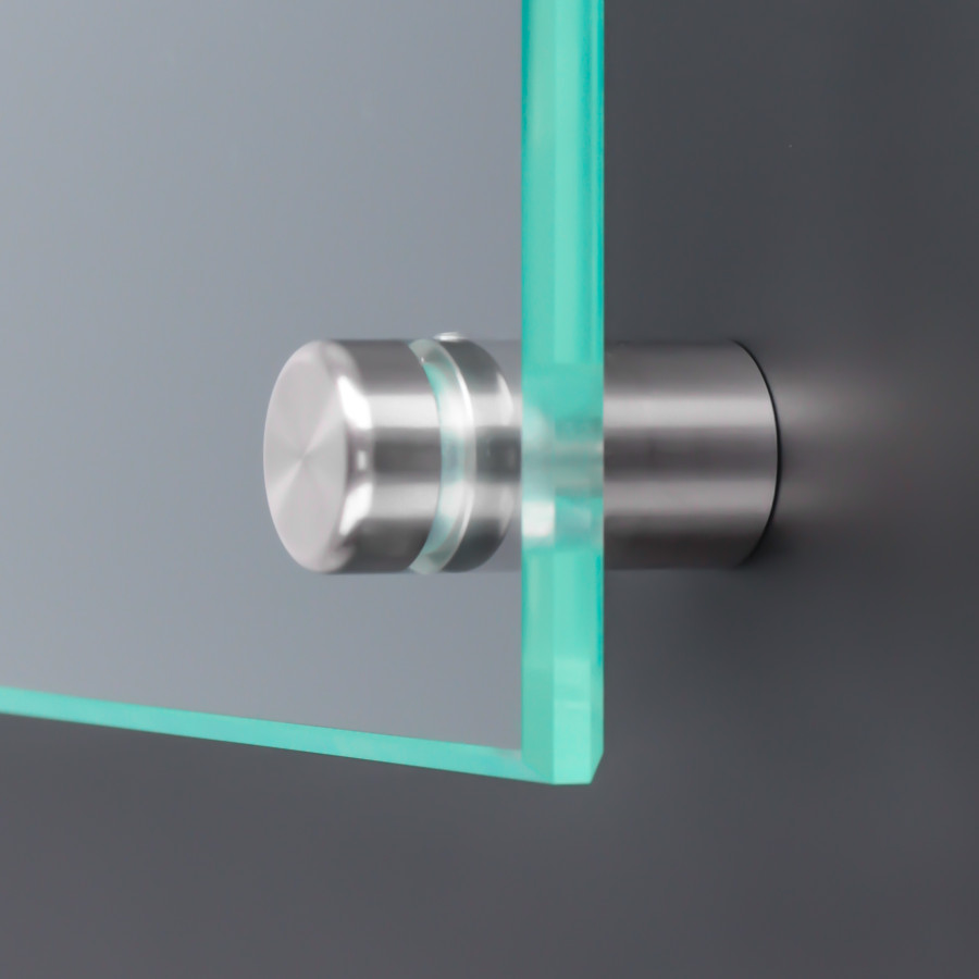 Abstandshalter V2A schraubbar mit Madenschraube montiert mit Scheibe an dunkler Wand