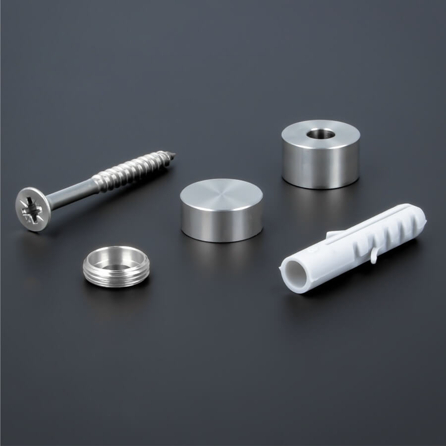 Schildbefestigung Edelstahl V2A Ø 18x10mm Lieferumfang auf dunklem Untergrund