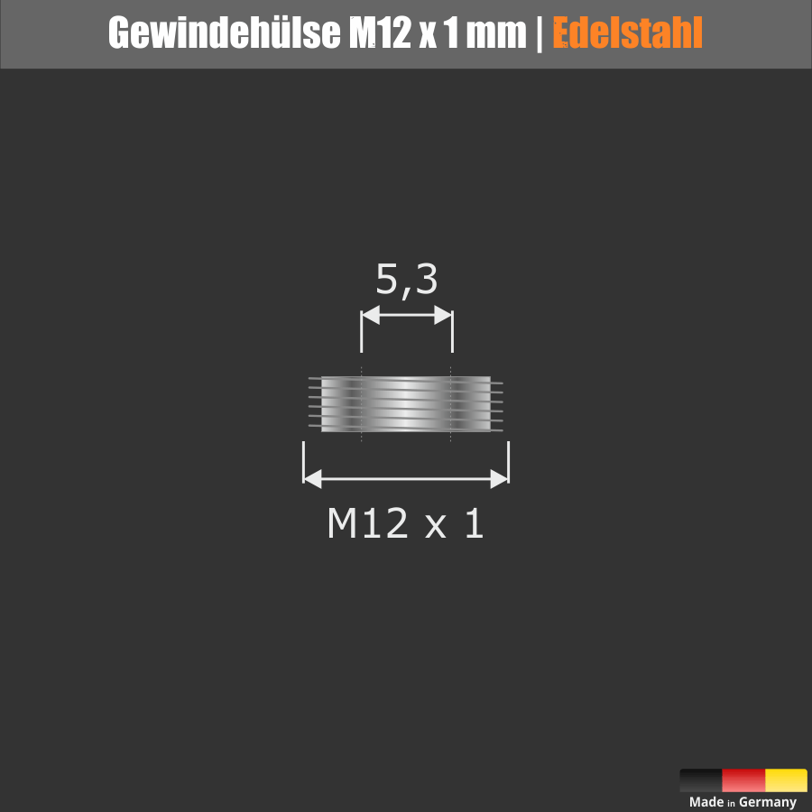 Schilderbefestigung Edelstahl Ø 15x20mm Gewindehülse Maße auf schwarzem Untergrund