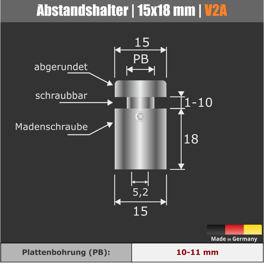 Abstandshalter V2A schraubbar mit Madenschraube Skizze mit Abmessungen auf schwarzem Untergrund