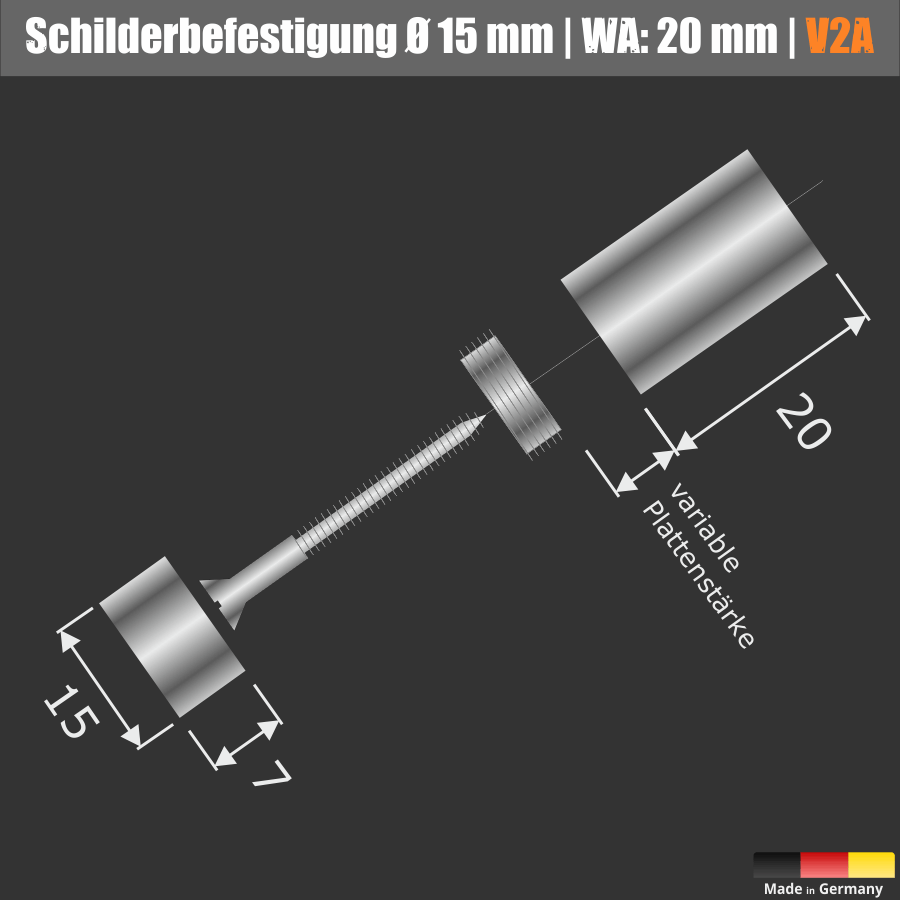 Schilderbefestigung Edelstahl Ø 15x20mm Skizze komplett auf schwarzem Untergrund