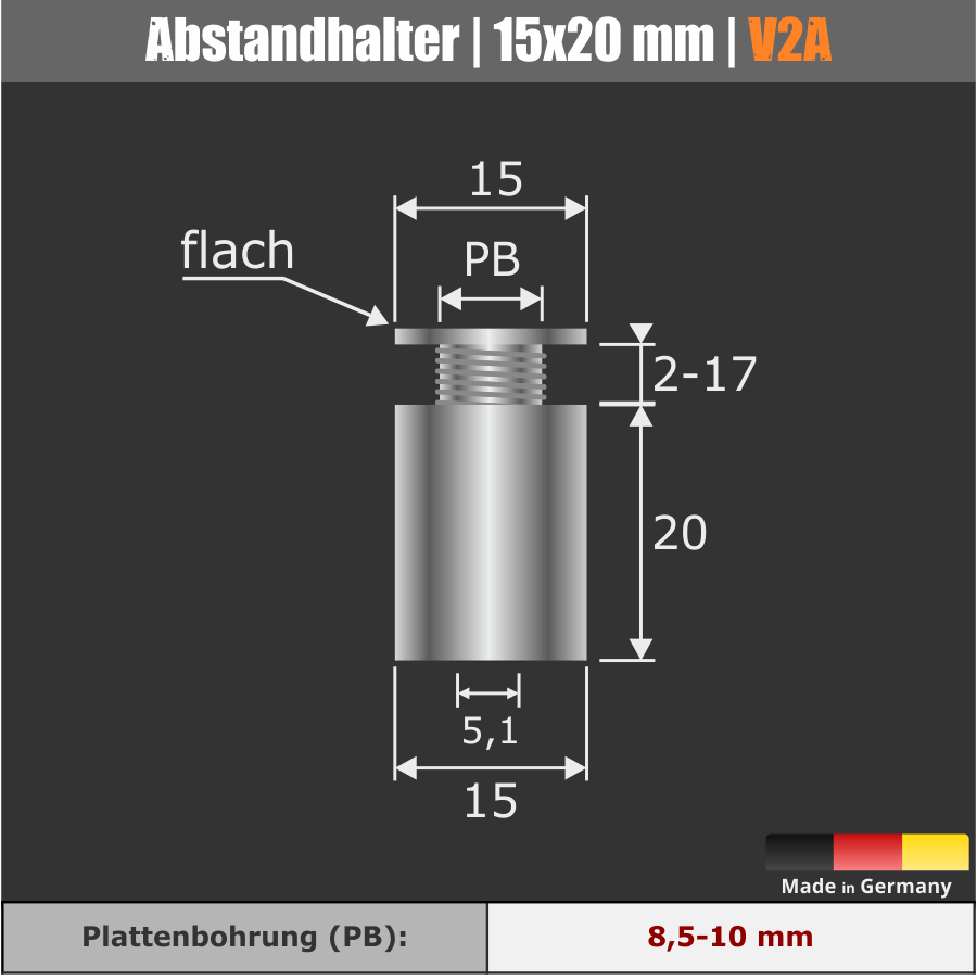 100er-Pack Abstandhalter schraubbar Edelstahl V2A Ø 15 mm Skizze mit Maße