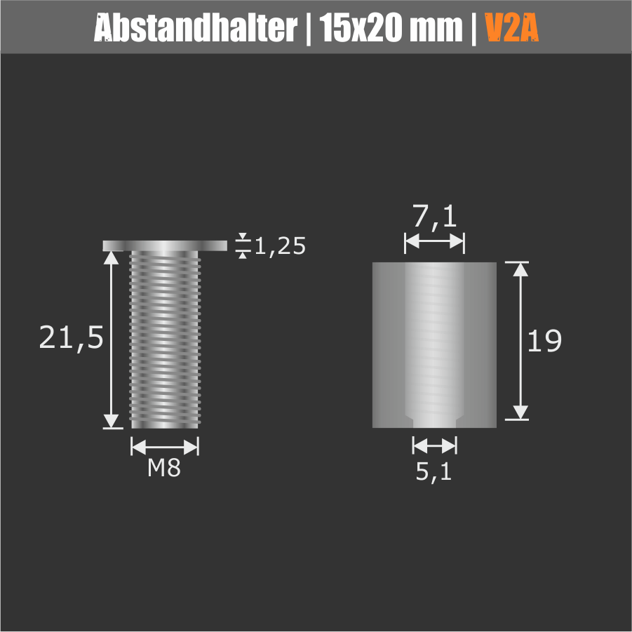 100er-Pack Abstandhalter schraubbar Edelstahl V2A Ø 15 mm Abmessungen