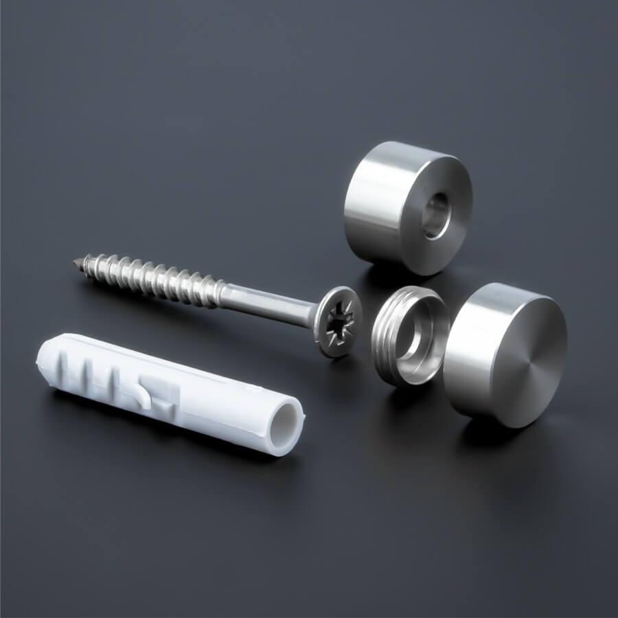 Schildbefestigung Edelstahl V2A Ø 18x10mm Einzelteile auf dunklem Untergrund