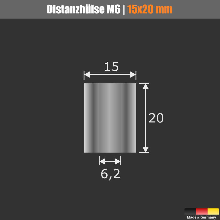 Schilderbefestigung Edelstahl Ø 15x20mm Skizze Distanzhülse mit Abmessungen auf schwarzem Untergrund