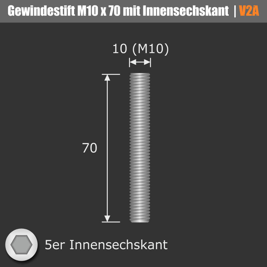 Gewindestift Edelstahl V2A Skizze mit Maßen auf dunklem Hintergrund
