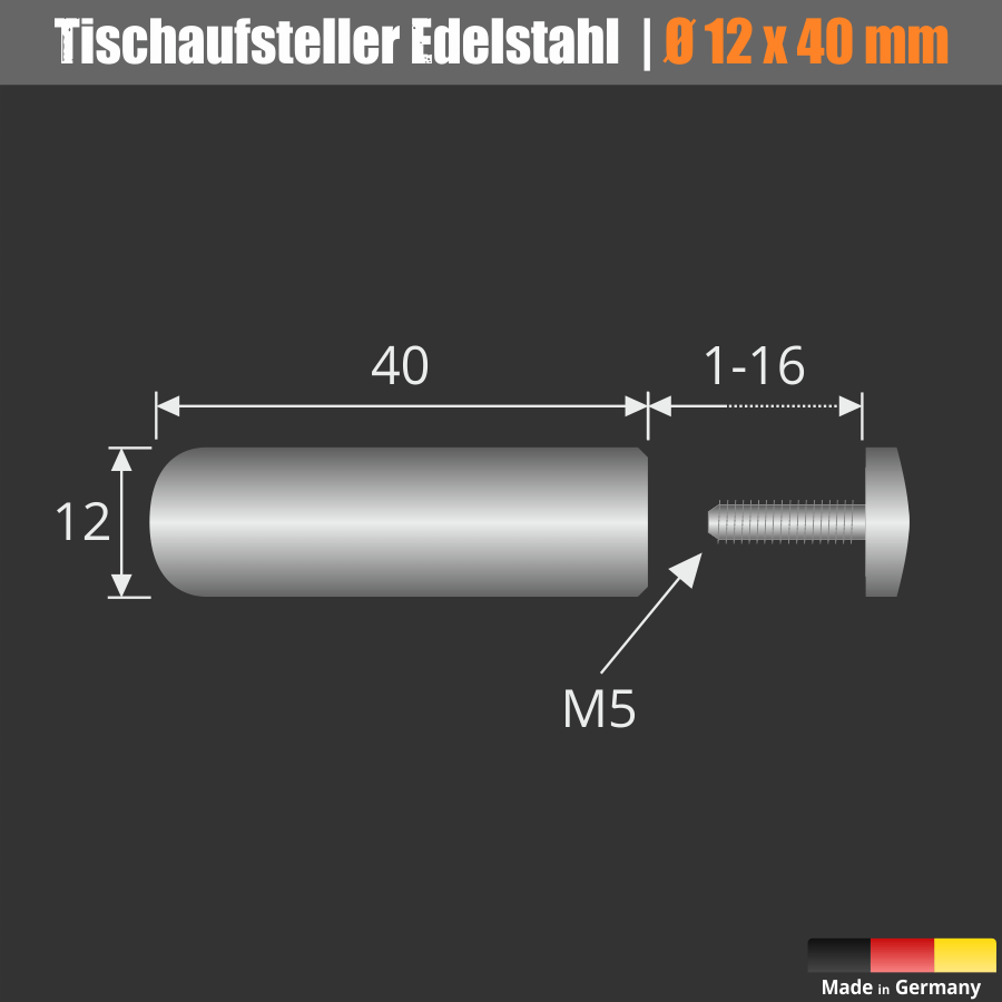 Tischaufsteller Edelstahl Ø 12mm Skizze mit Bemaßung