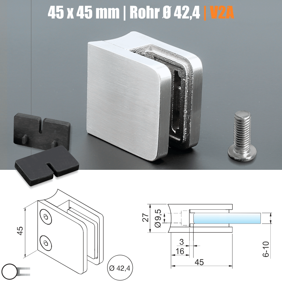 Edelstahlhalter V2A für Rundrohr Ø 42,4 Skizze mit Bemaßungen