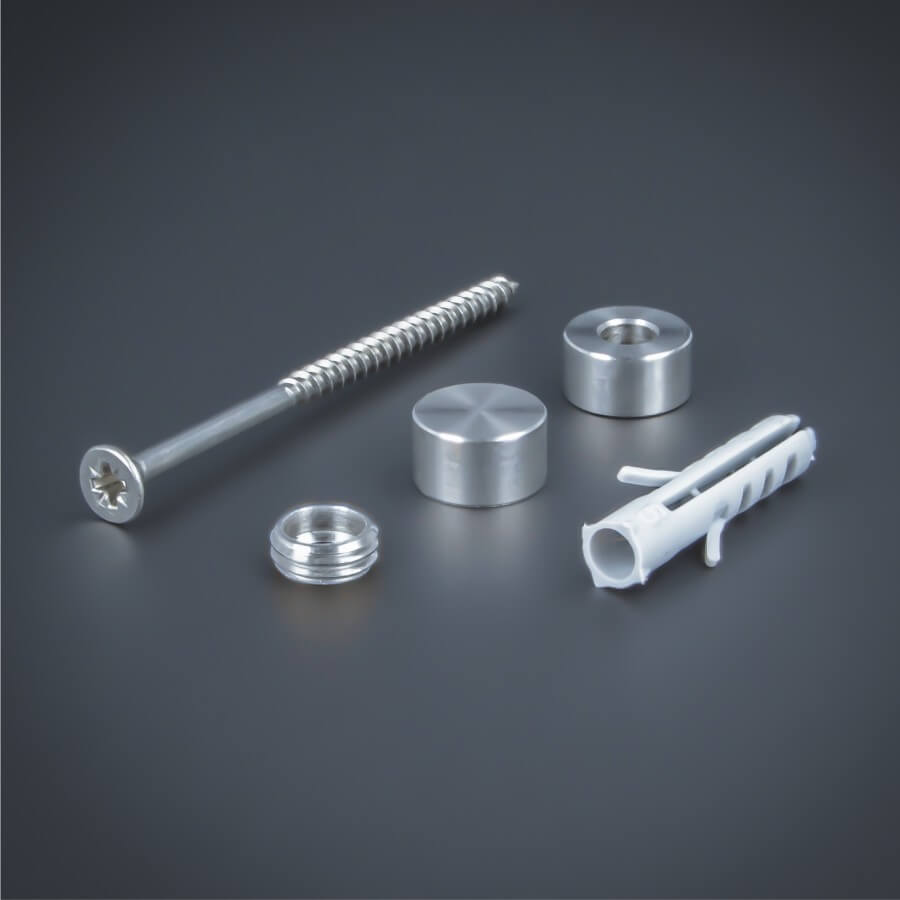 Schilderbefestigung Edelstahl V2A Ø 10x5mm Lieferumfang auf dunklem Untergrund