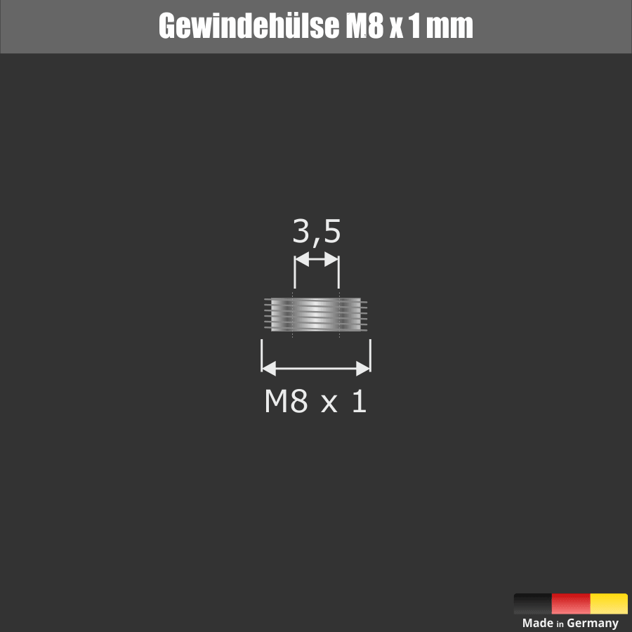 Schildbefestigung Edelstahl V2A Ø 10x20mm Skizze Gewindehülse auf schwarzem Untergrund