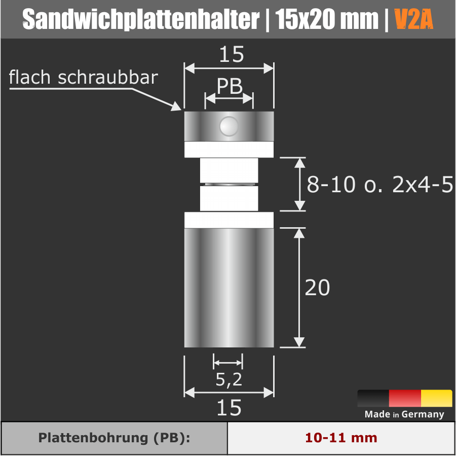 Sandwichabstandhalter V2A Ø15x20mm technische Zeichnung mit Maßen auf dunklem Hintergrund
