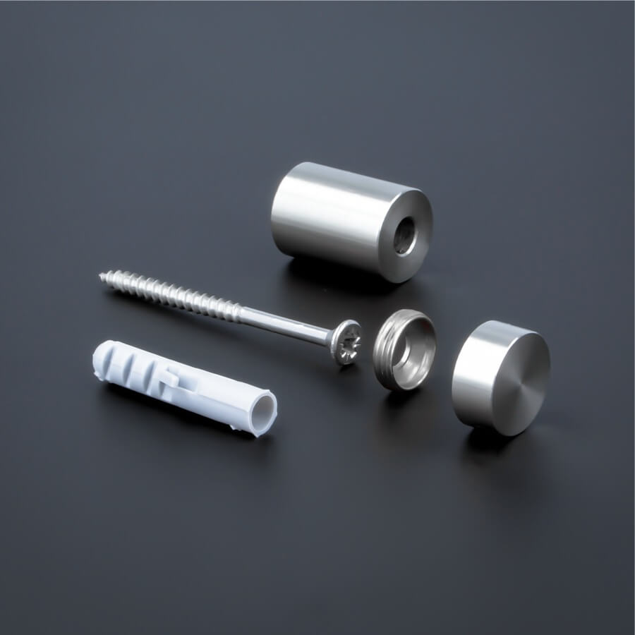 Schilderbefestigung Edelstahl Ø 15x20mm Zusammensetzung auf dunklem Untergrund