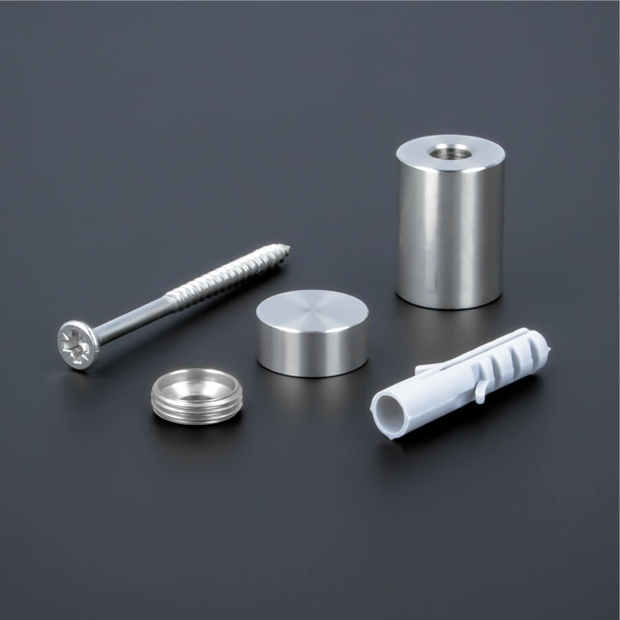 Schilderbefestigung Edelstahl Ø 15x20mm Lieferumfang auf dunklem Untergrund