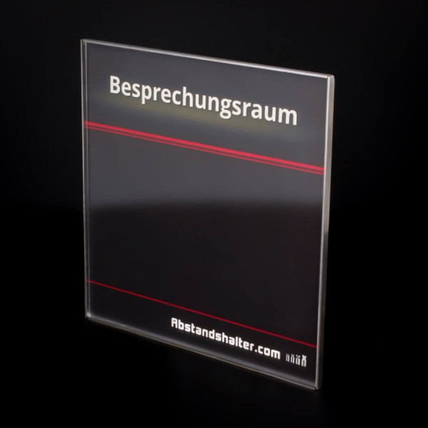 Edelstahl Türschild 150x150 mm mit Plexiglasplatte vor schwarzen Hintergrund