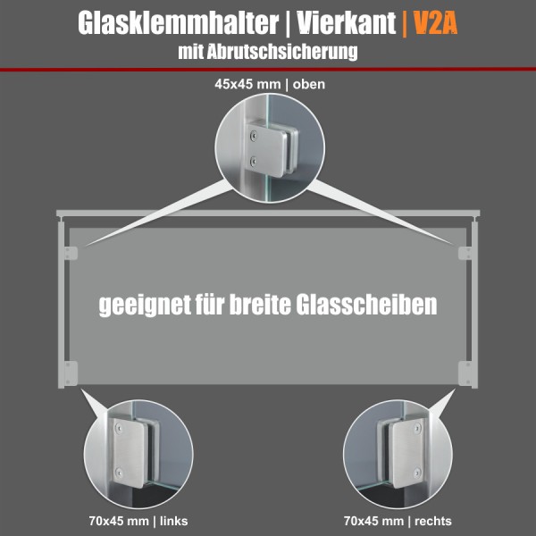 Glasklemmhalter Klemmbefestigung Edelstahl V2A eckig | PS: 6-10 mm |