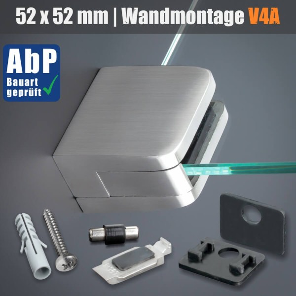 Glasklemmhalter 52x52 mm V4A mit Sicherung PS: 8-12,76mm | Wandmontage