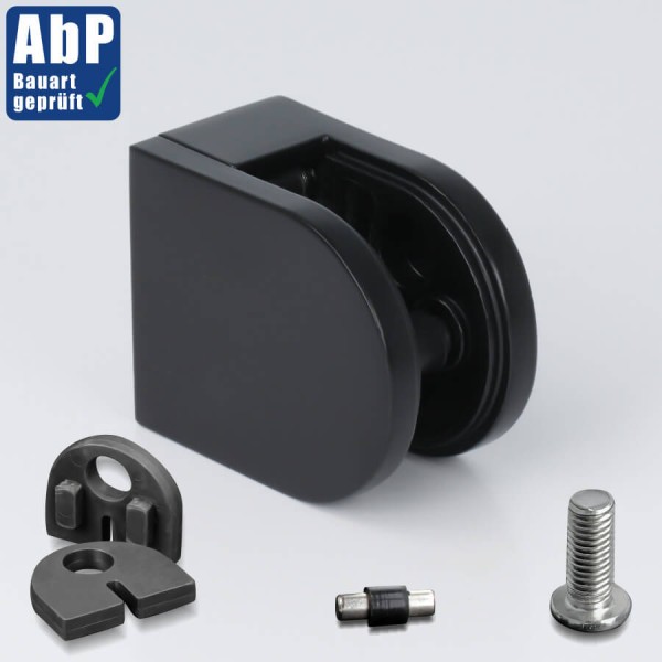 Glashalter Edelstahl V2A 50 x 40 mm schwarz RAL9005 halbrund PS: 1,5-10,76 mm | flach