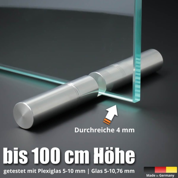 Tischaufsteller 150mm Spuckschutz Plexiglas Glas Platten Ø18 mit einer Scheibe liegend auf dunklem Untergrund 