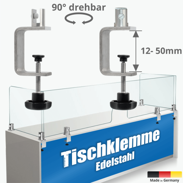 Tischklemme Spuckschutz Trennwand Edelstahl Zwei abbgebildete Halter mit Verwendungszweck mit hellem Hintergrund