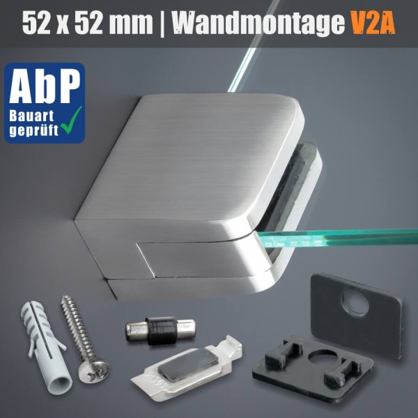 Glashalter Edelstahl 52x52mm mit Sicherung PS: 8-12,76mm | Wandmontage
